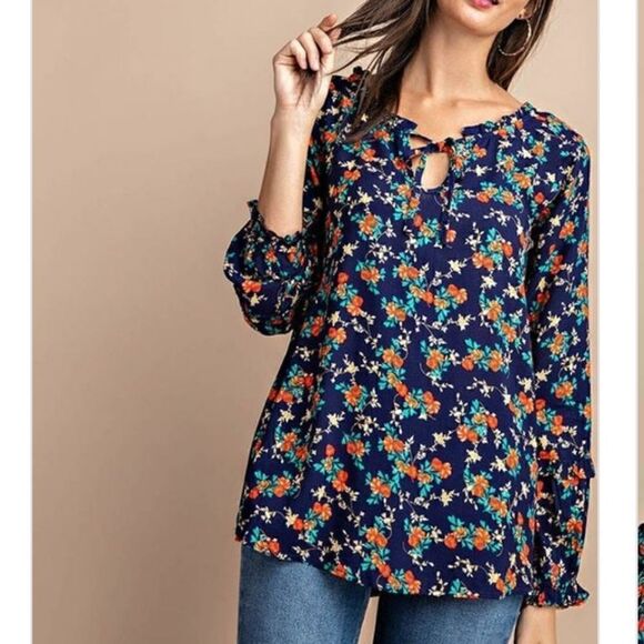 NWT Kori America Floral Longsleeve Bohemian Peasant Top Ruffle Sleeve M - Picture 9 of 14